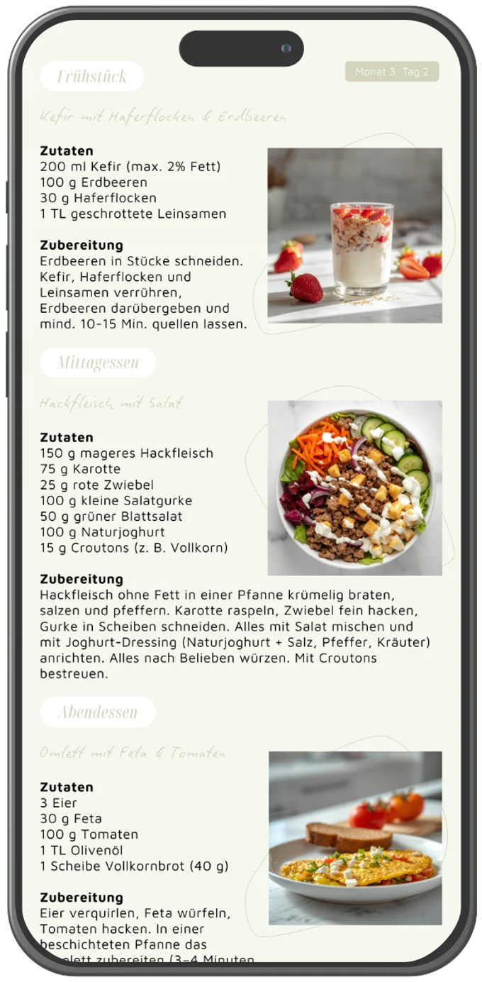 Beispielseite aus dem E-Book: Tagesplan mit Rezepten und Mengen